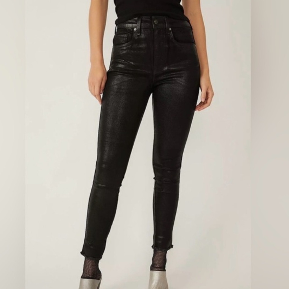 We The Free Denim High Rise Skinny Jeans Black Coated Shimmer Frayed Size 26 27